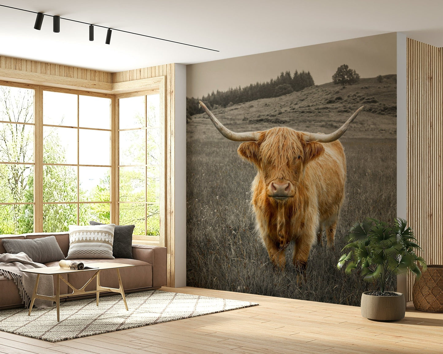 Scenic mountain and farm animal wallpaper for a cozy study or library.