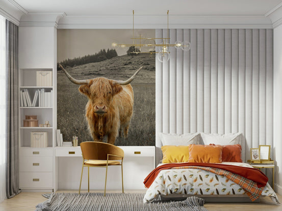 Guardians of the Highlands Wall Mural with a Highland cow in a misty field wallpaper., GD7880