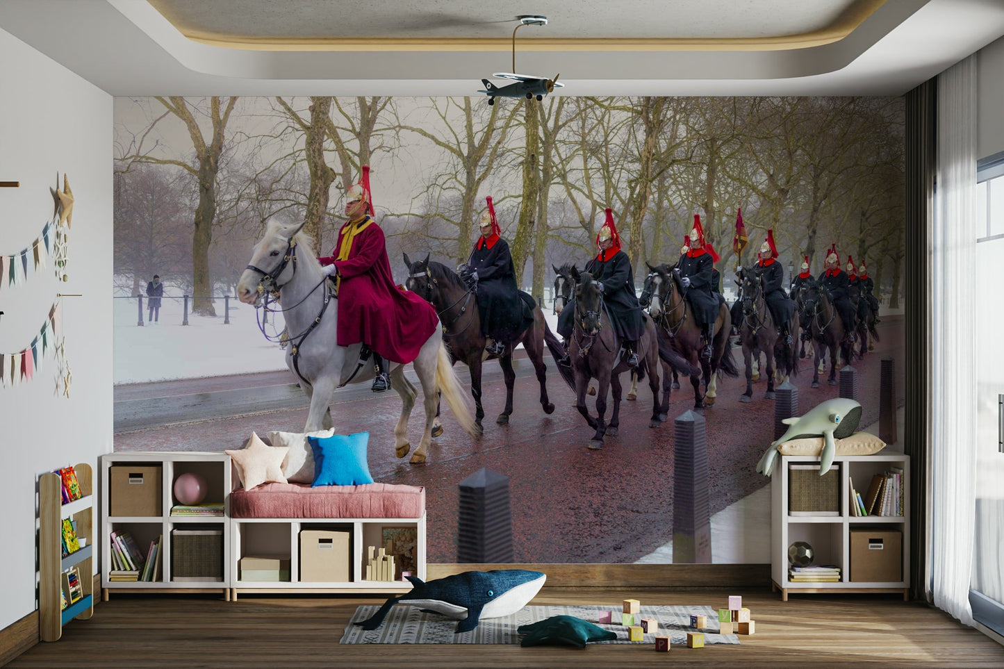 The wallpaper is used to create a feature wall in a dining room.

