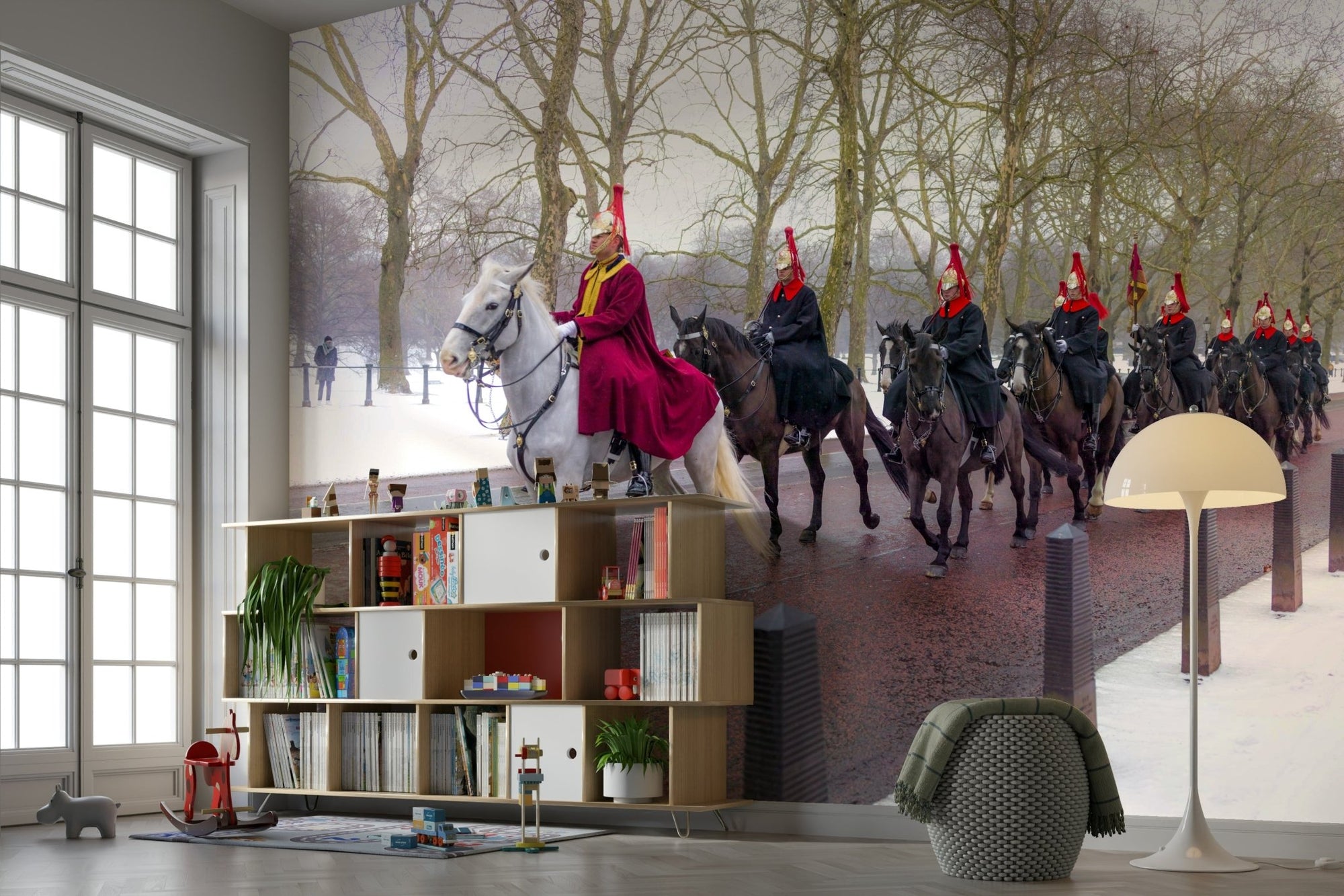 A beautiful modern living room with a guards on parade mural., GD4621