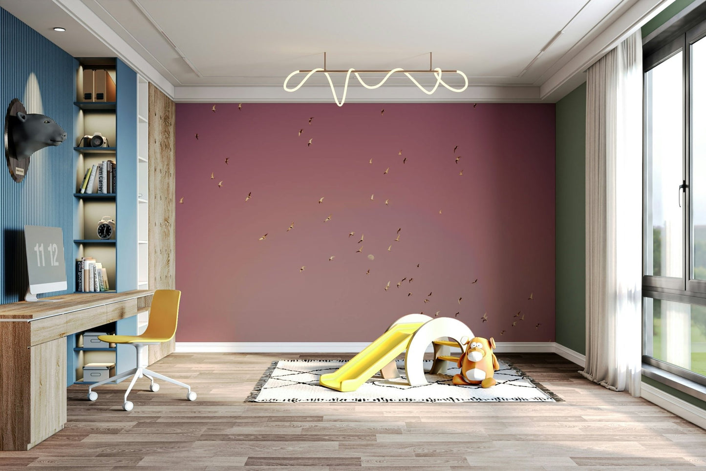 The wallpaper is used to create a feature wall in a dining room.