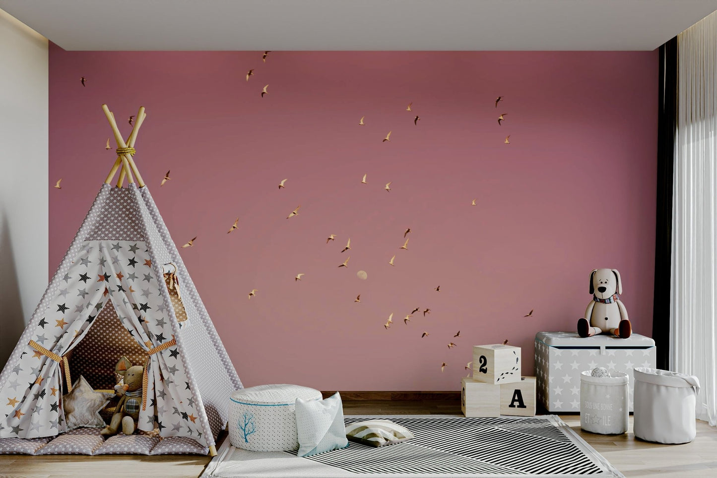 A minimalist home office with the scenic sky wallpaper.