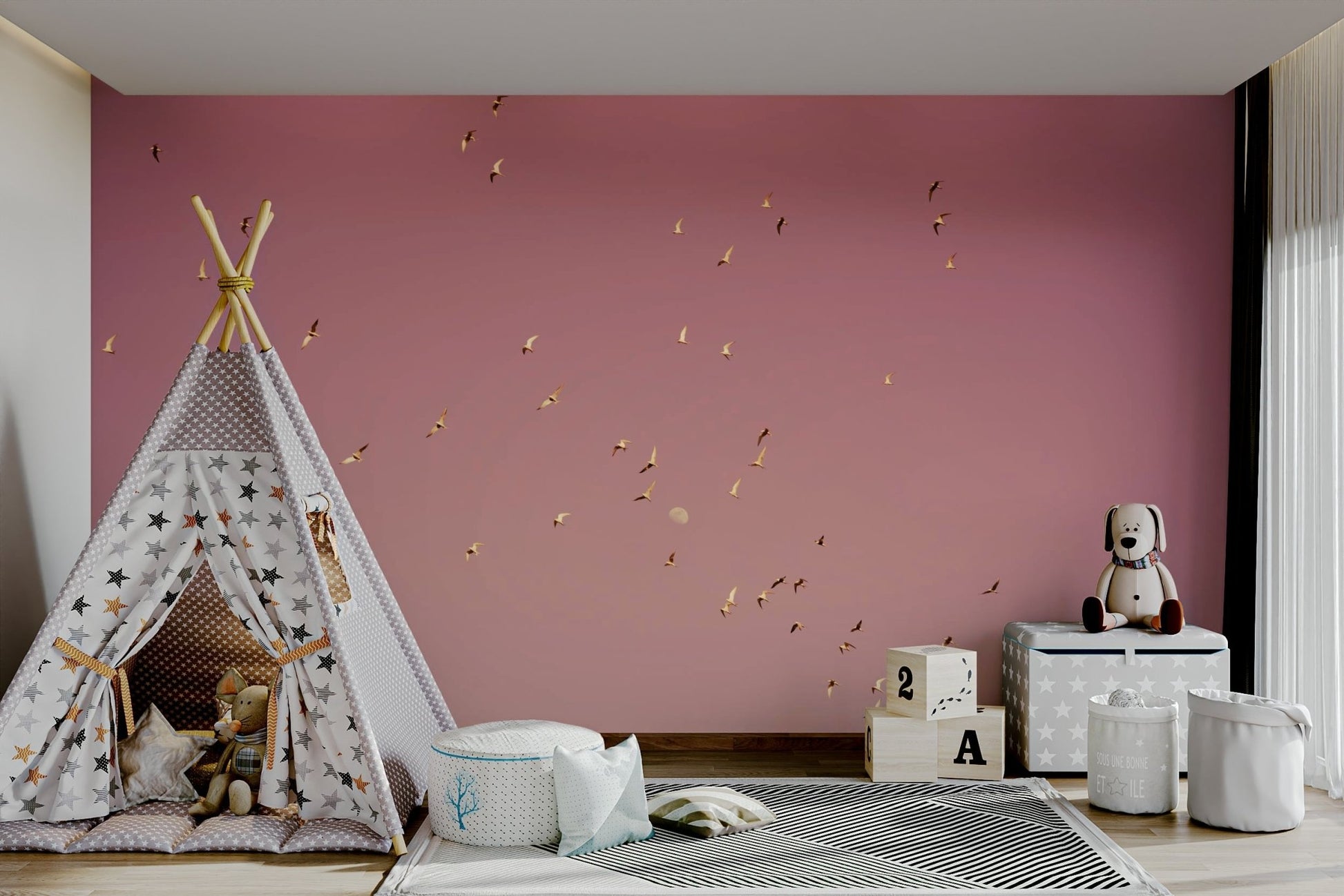 A minimalist home office with the scenic sky wallpaper.