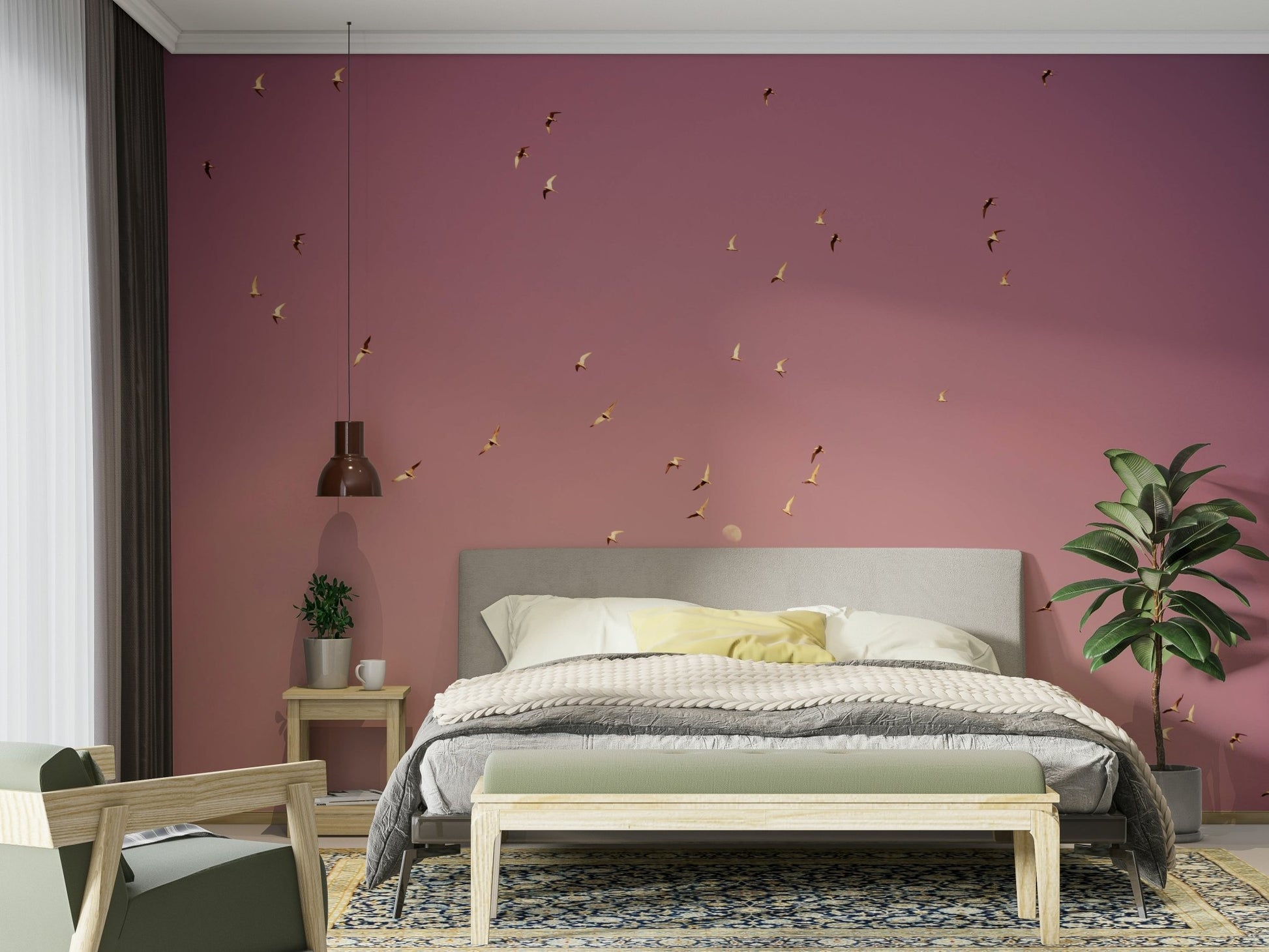 A bedroom with the sky mural behind the headboard.