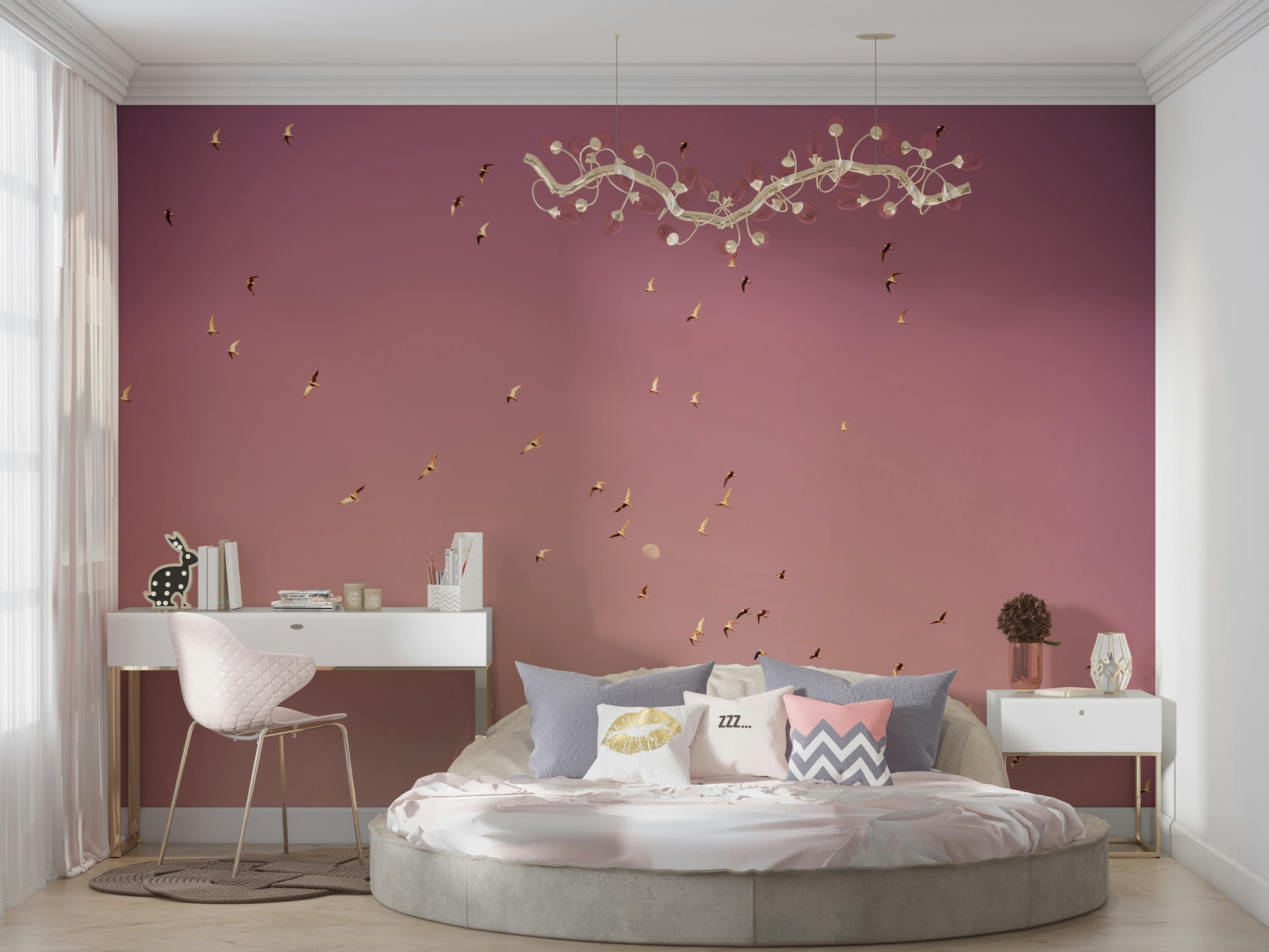 An angled shot of the mural's gentle color palette.