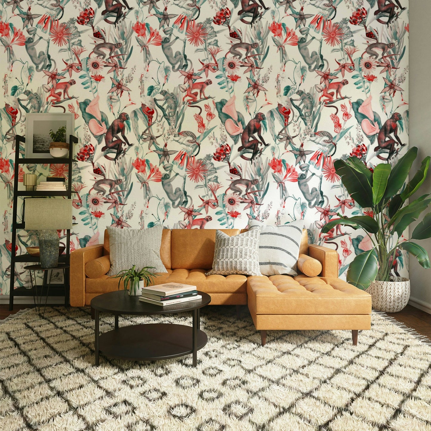 Relaxed living space with Hakuna botanical wallpaper

