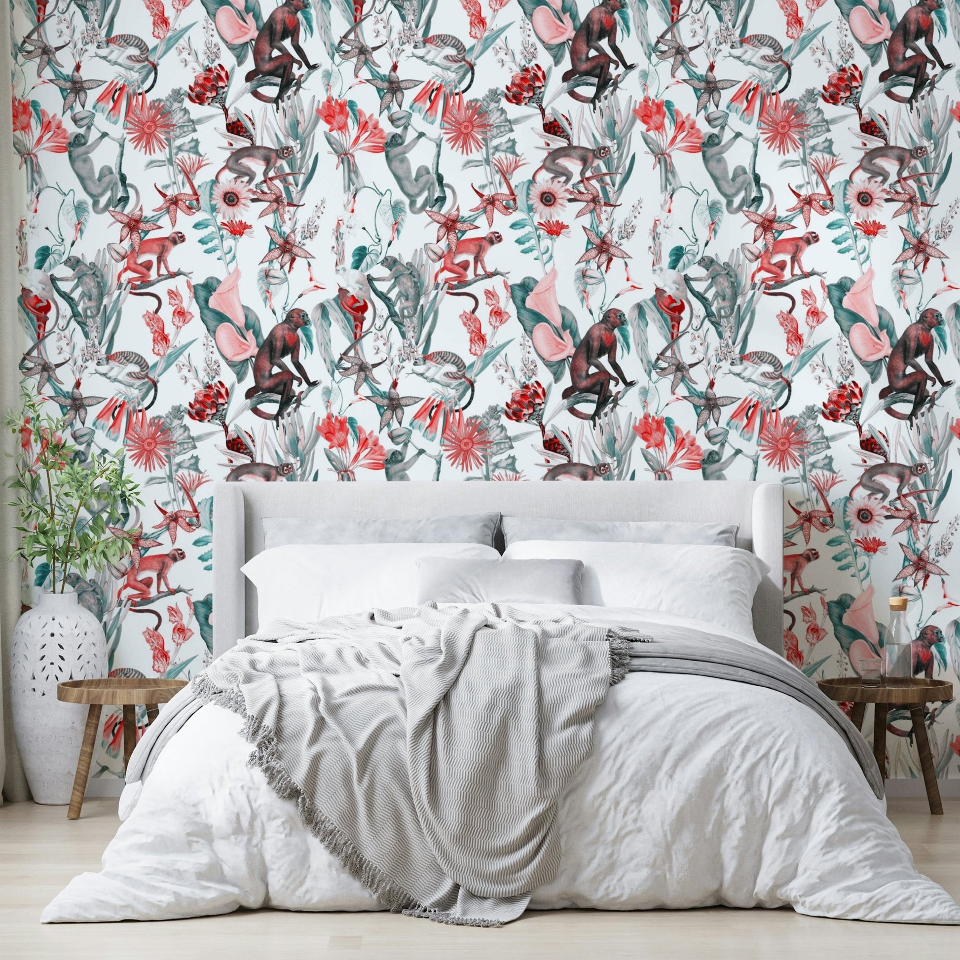 Boho interior featuring Hakuna leafy wall pattern

