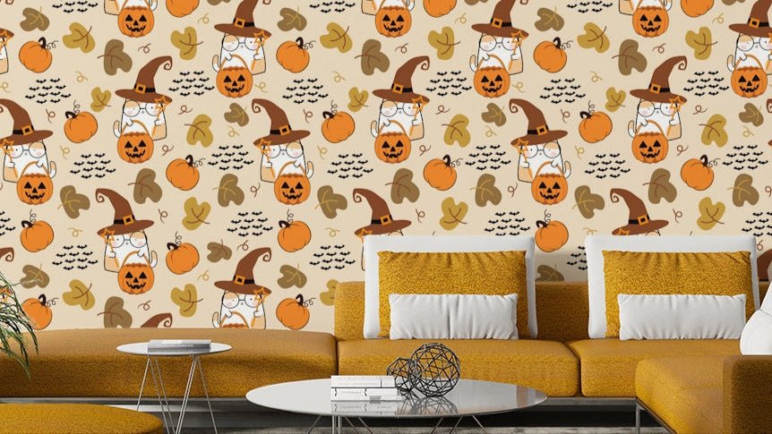 Whimsical Halloween cats wallpaper.
