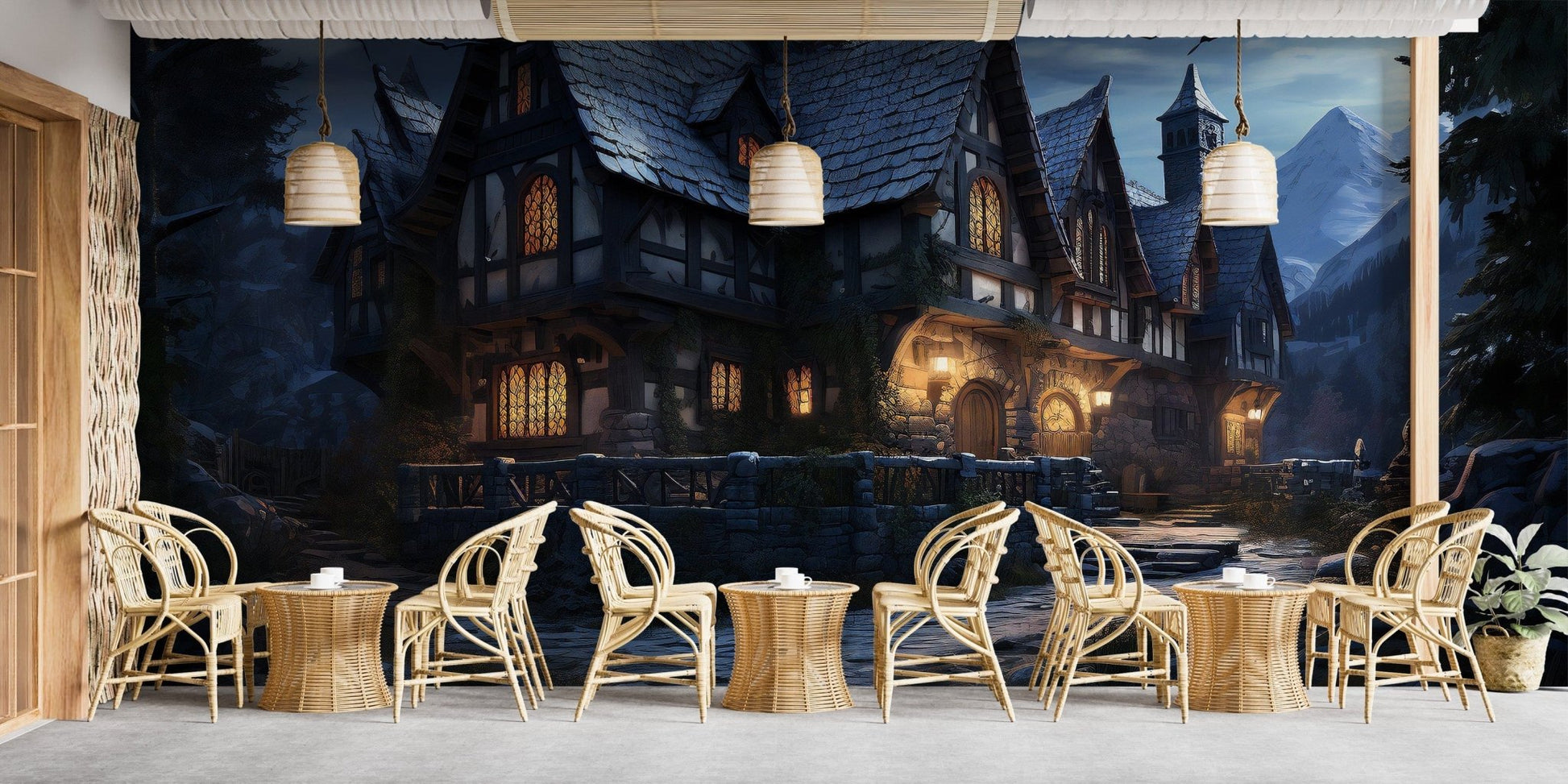 Halloween Haunted Cottage night mural wallpaper