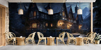 Halloween Haunted Cottage night mural wallpaper