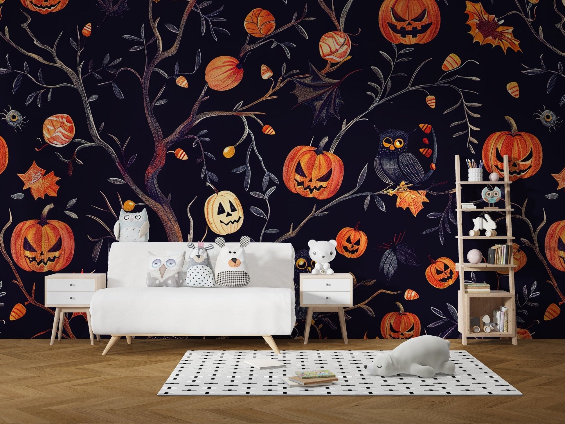 Halloween Pumpkins Owls moon mural wallpaper

