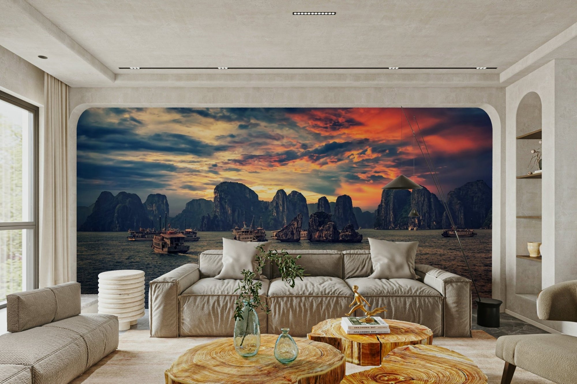 Beautiful Halong Bay Sunset Wall Mural with cruise boats GD5025