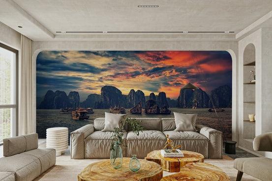 Beautiful Halong Bay Sunset Wall Mural with cruise boats GD5025