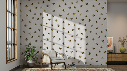 Hand drawn bees wallpaper on a wall

