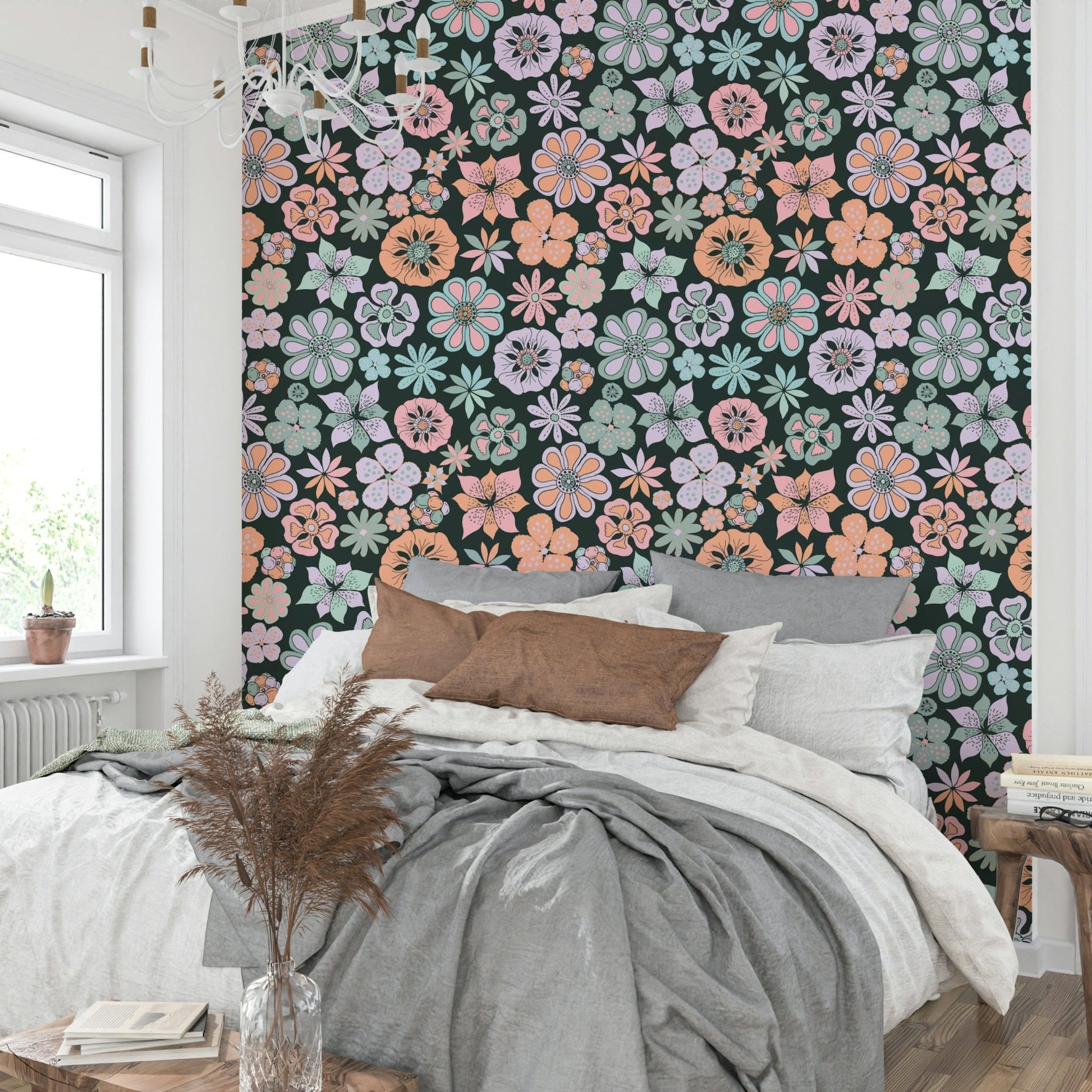 Wallpaper with various floral shapes and sizes.

