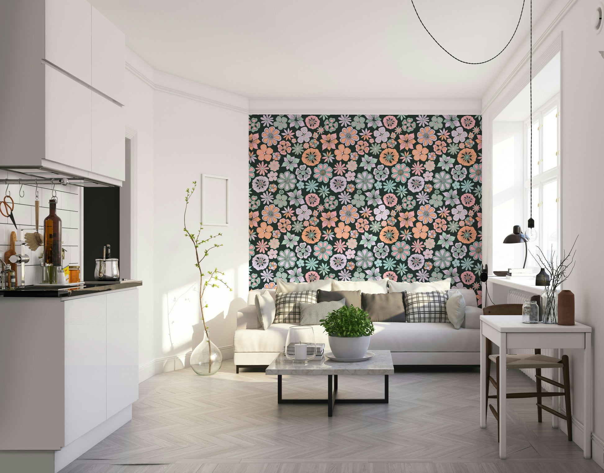Hand Drawn Garden Flowers Dark Teal Wallpaper.

