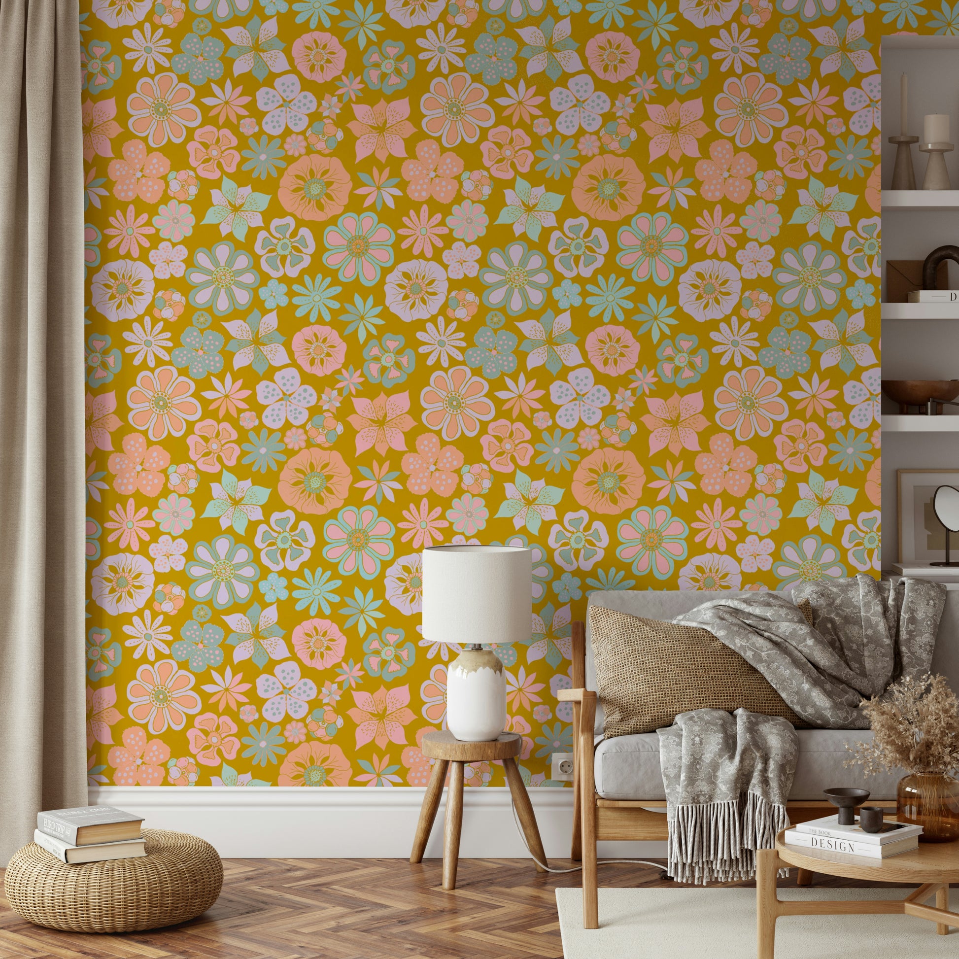 Design featuring whimsical flowers in peach, light purple, and mint green.

