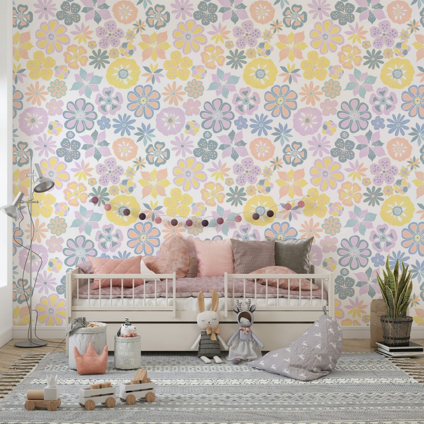 Wallpaper with various floral shapes and sizes.

