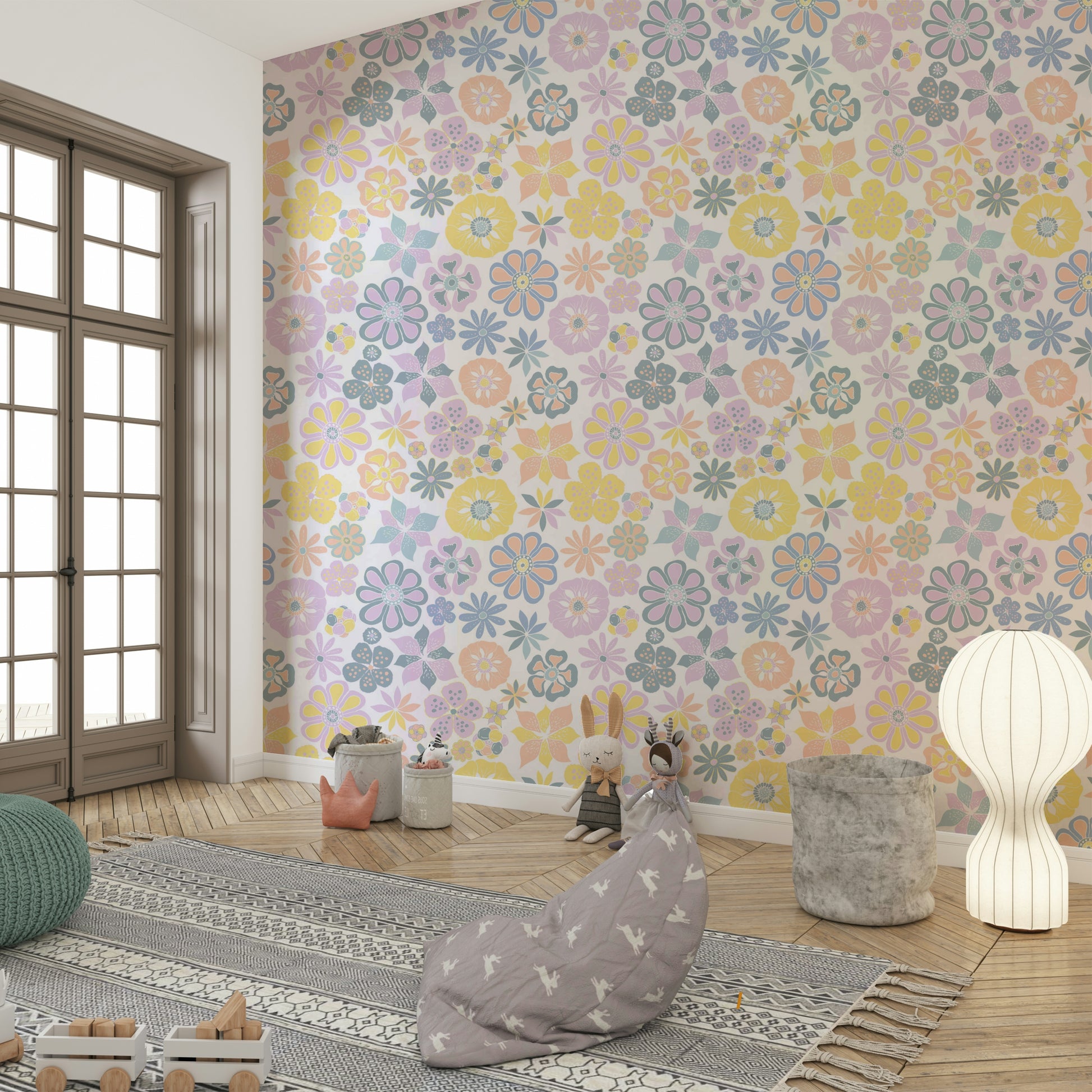 Hand Drawn Garden Flowers wallpaper for a modern bedroom.

