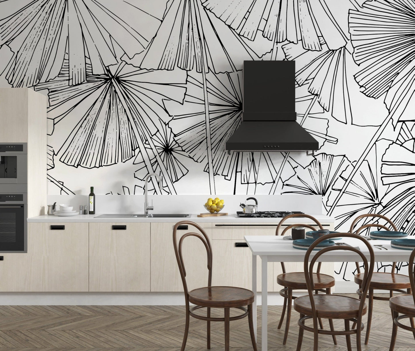 Botanical Hand-Drawn Leaf Wall Design
