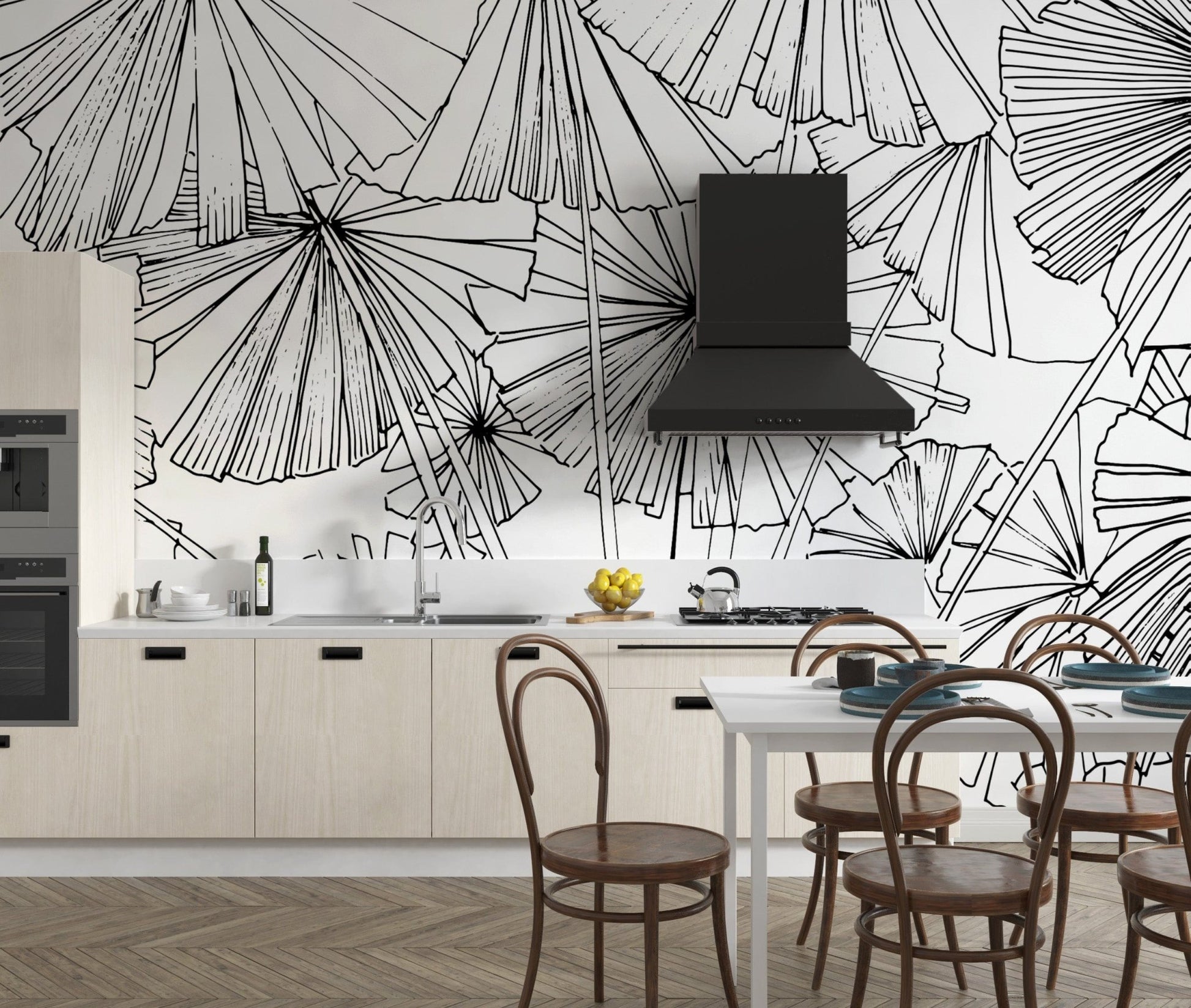 Botanical Hand-Drawn Leaf Wall Design
