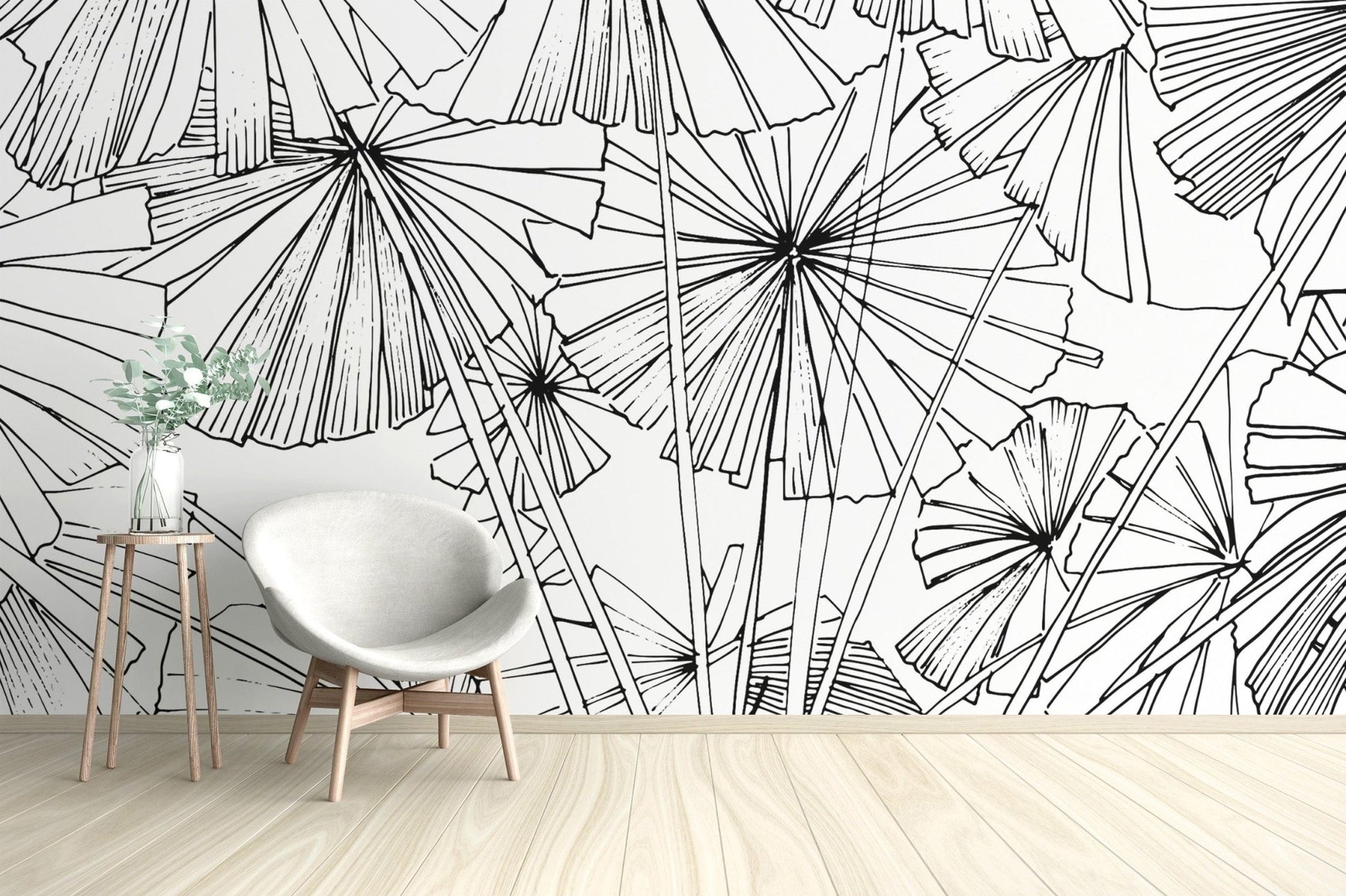 Botanical Hand-Drawn Leaf Wall Design
