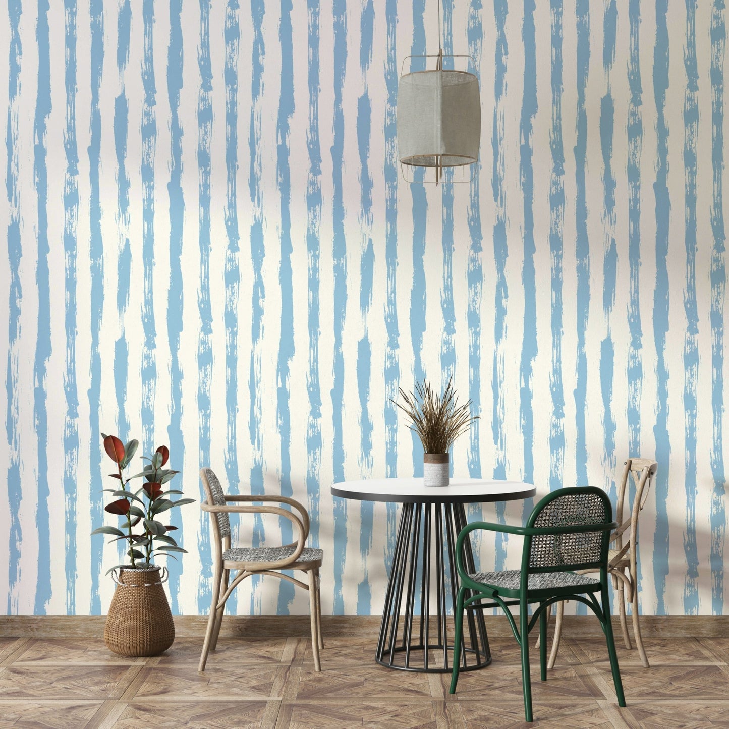Wallpaper with a gentle blue and white stripe design

