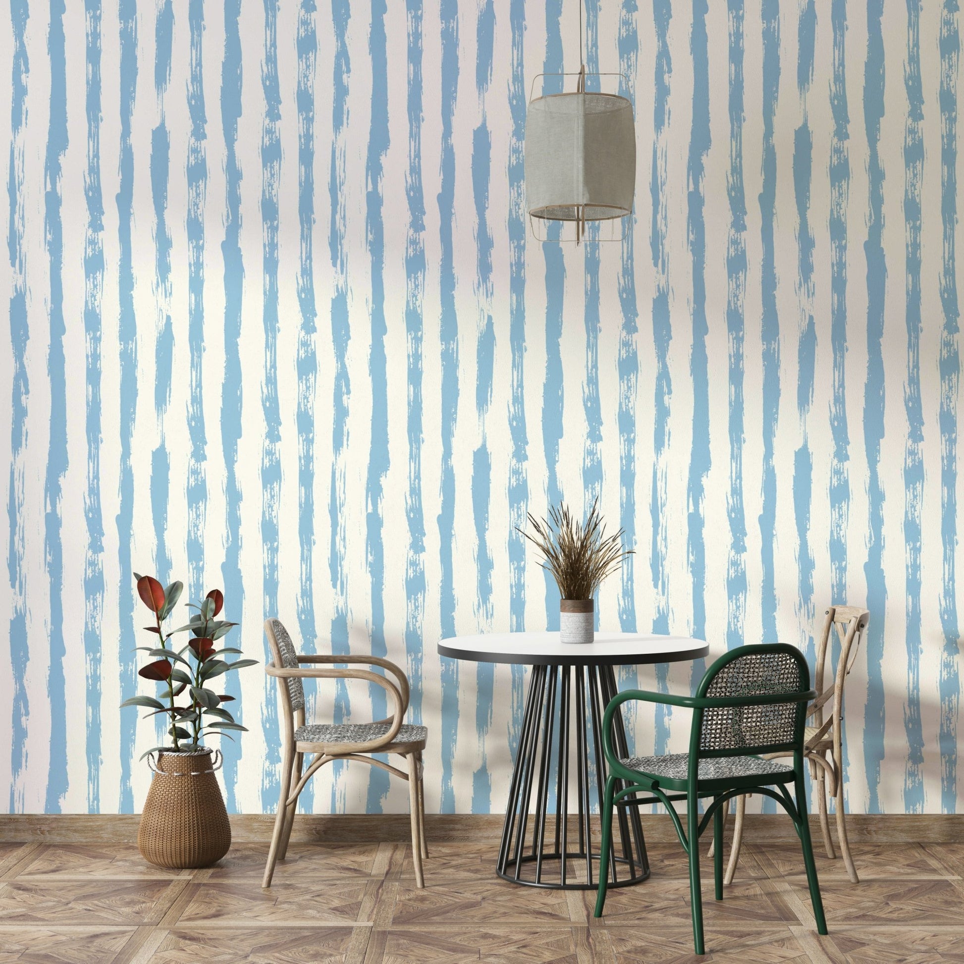 Wallpaper with a gentle blue and white stripe design

