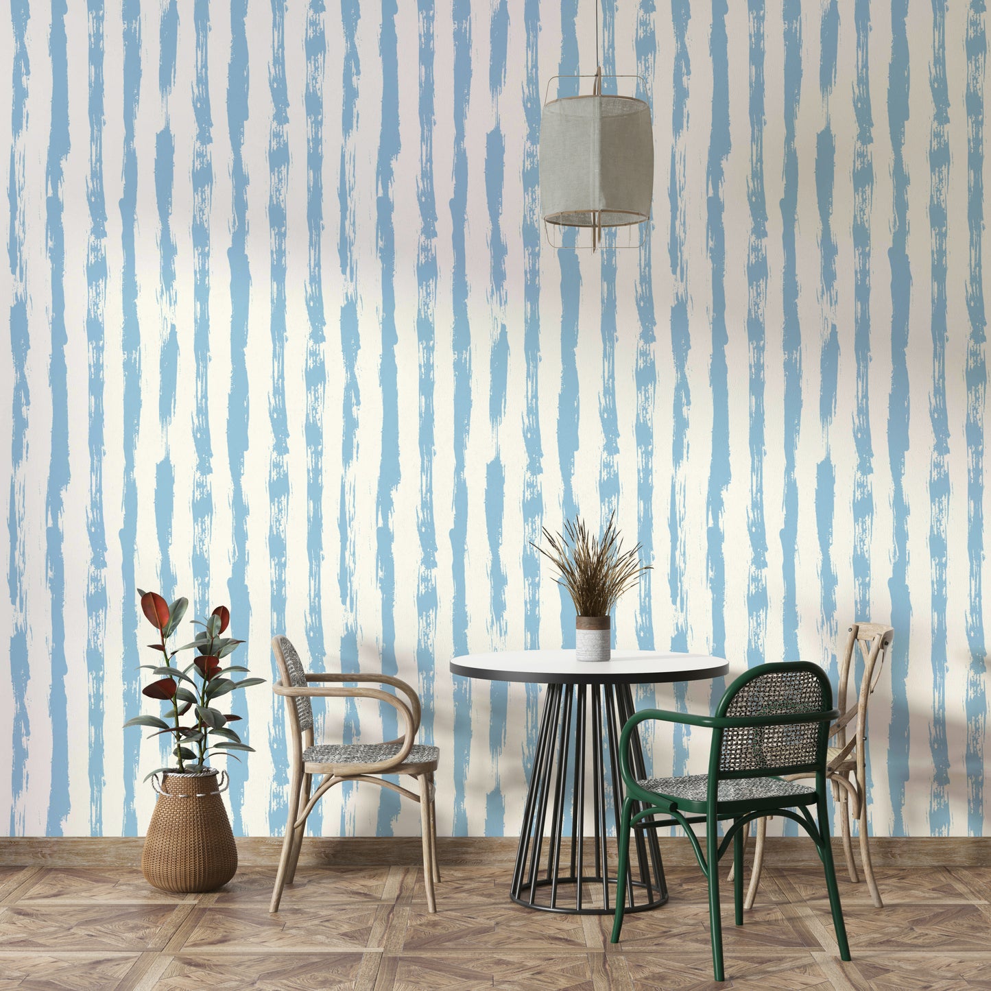 Wallpaper with a gentle blue and white stripe design

