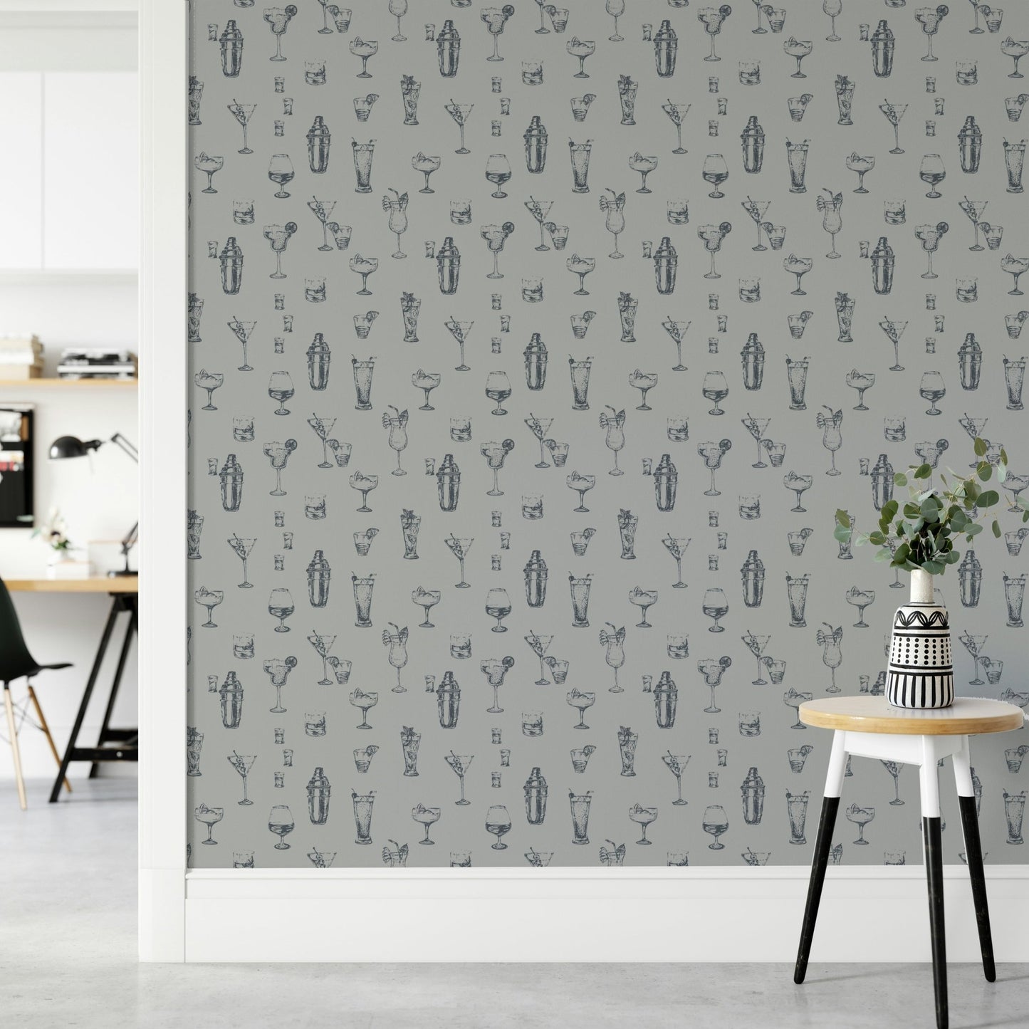 Monochrome spirits wallpaper for home bar walls

