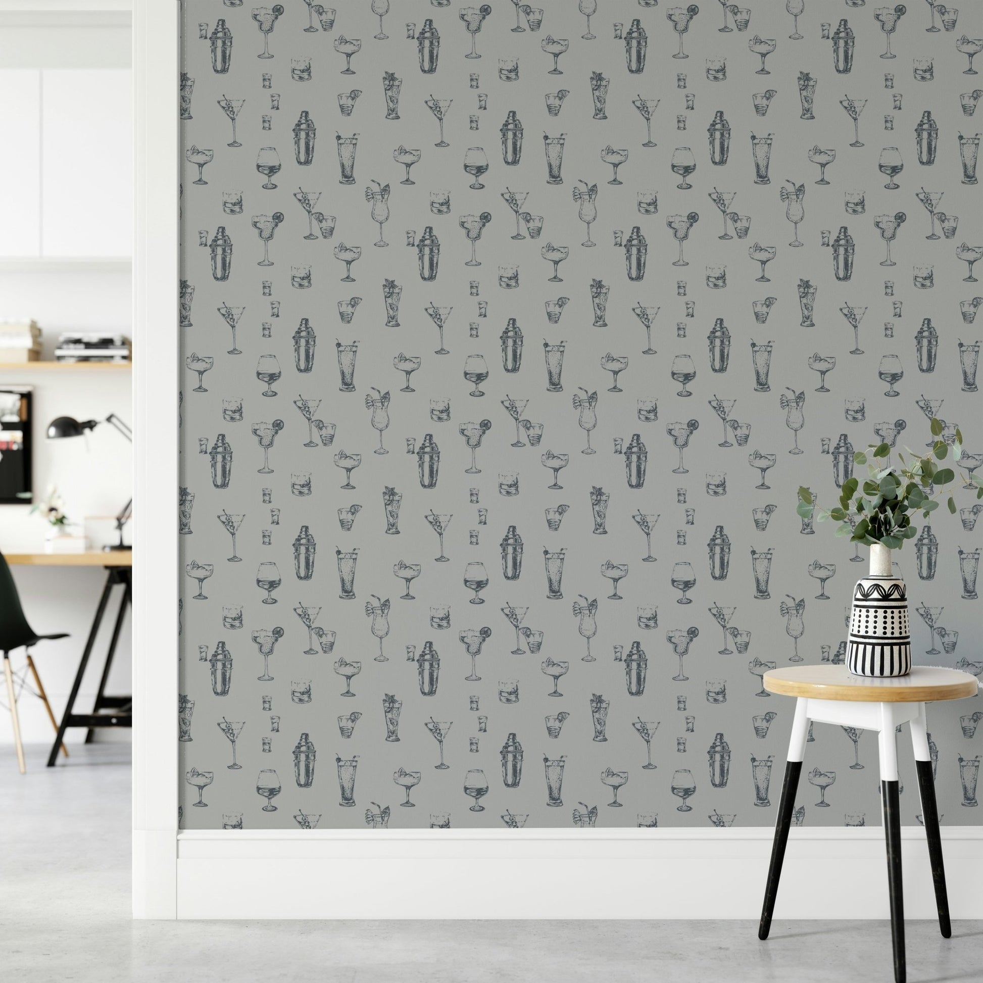 Monochrome spirits wallpaper for home bar walls


