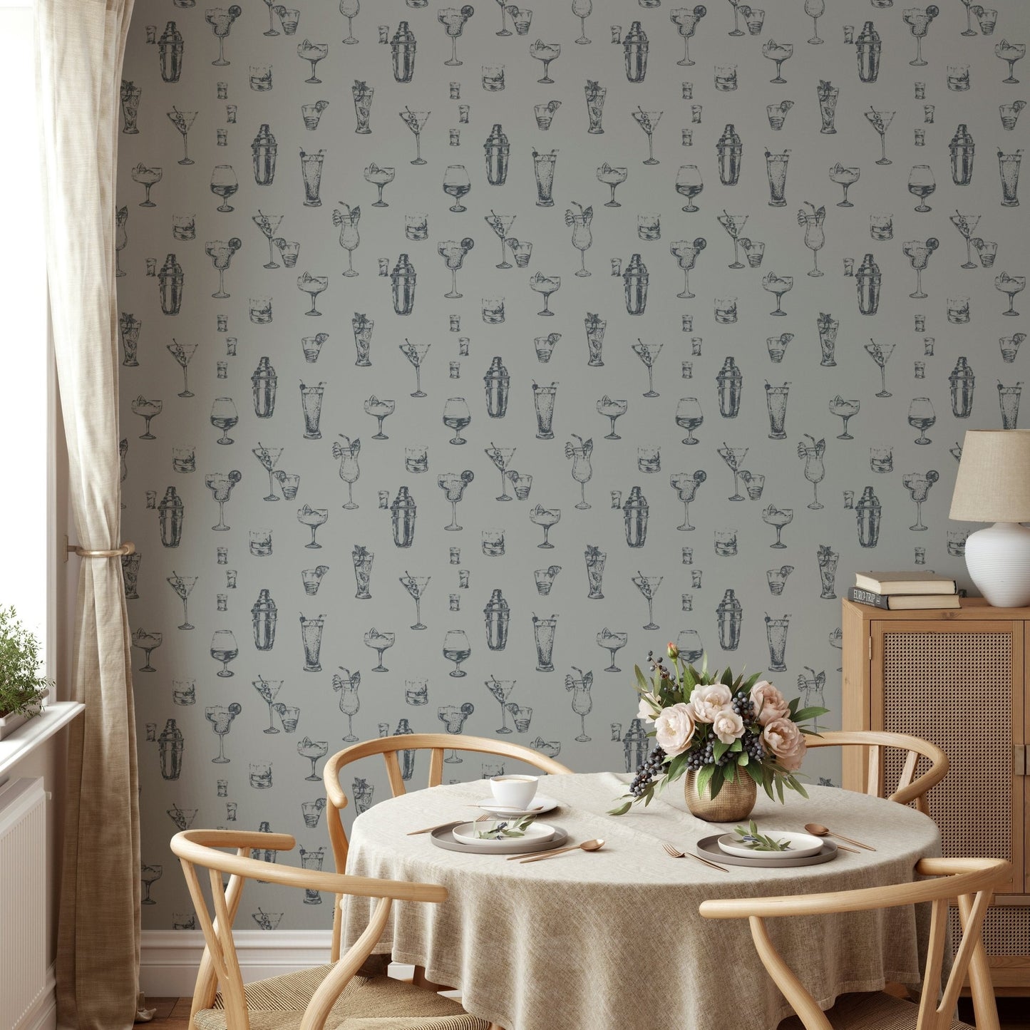 Hand-drawn spirits wallpaper with vintage bottles

