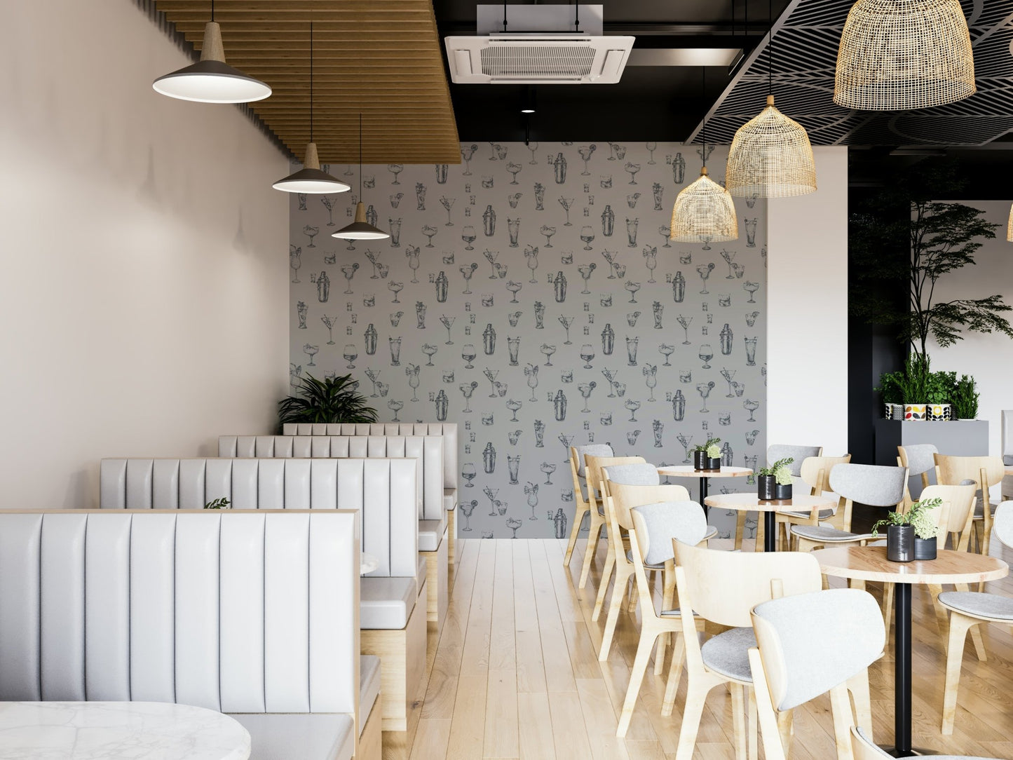 Vintage bar decor with spirits-themed wallpaper

