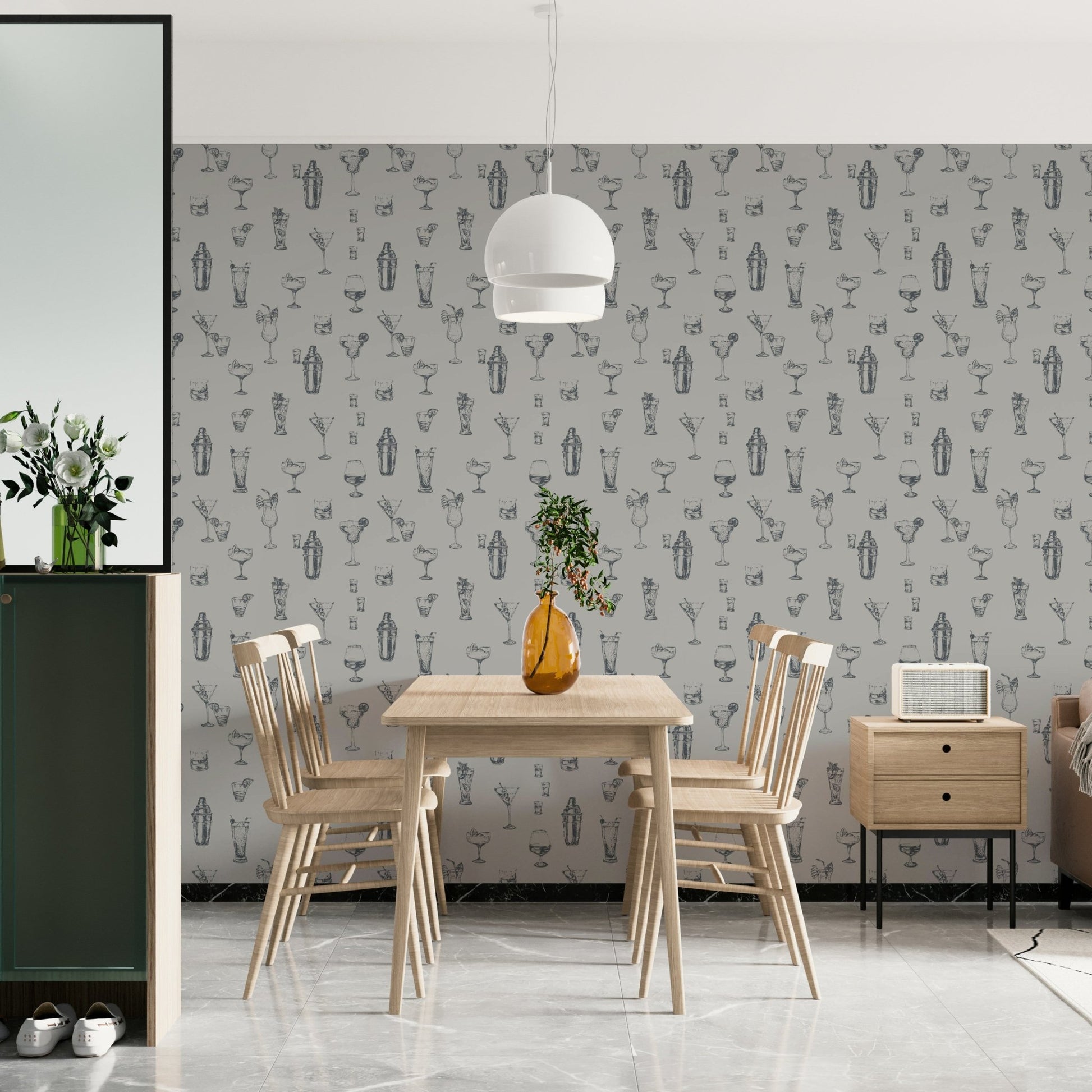 Creative sketch wallpaper for liquor-themed rooms

