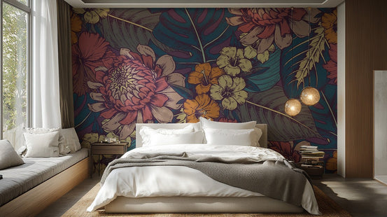 Artistic hand-drawn tropical flowers wallpaper with intricate details. tropical-26
