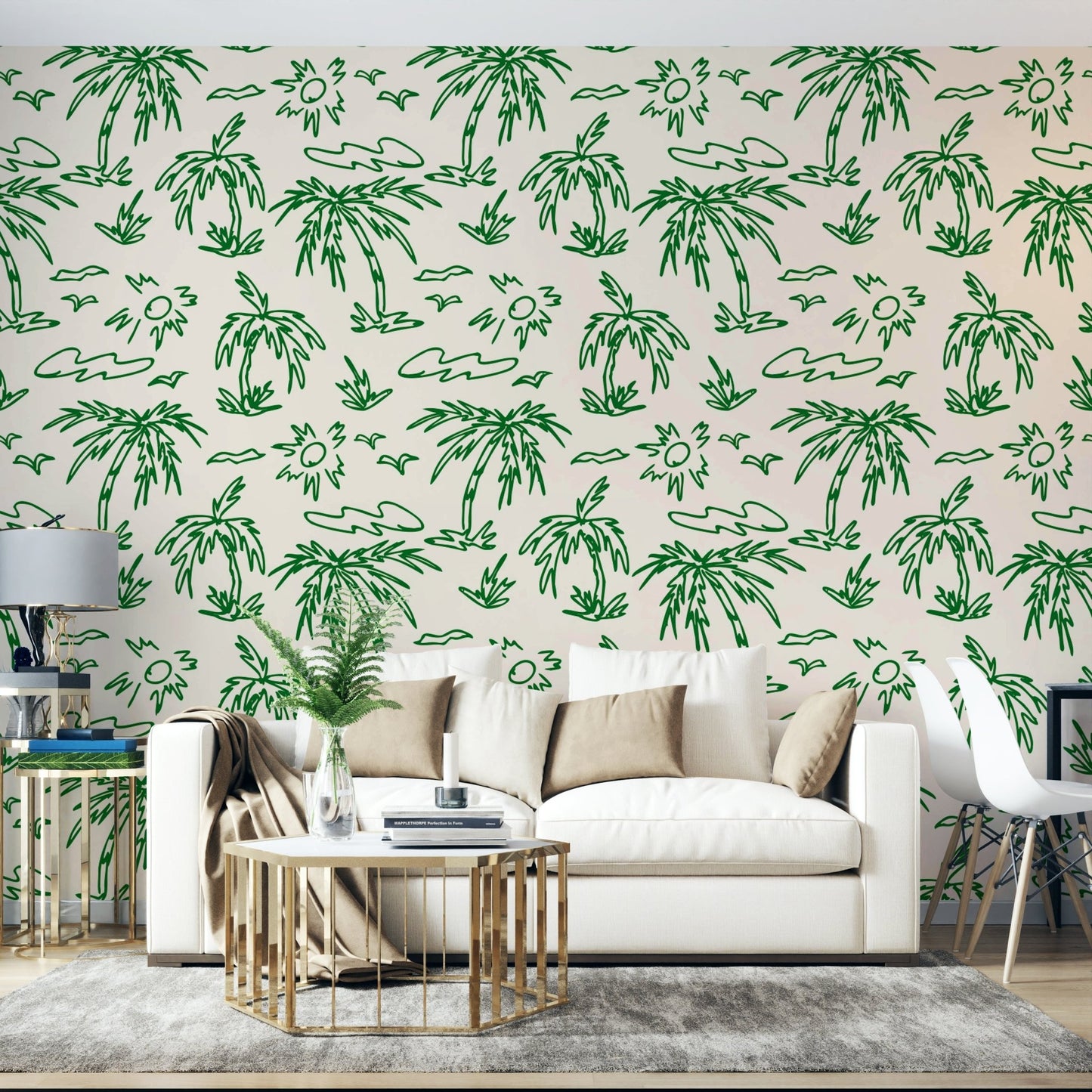 A living room decorated with a palm mural

