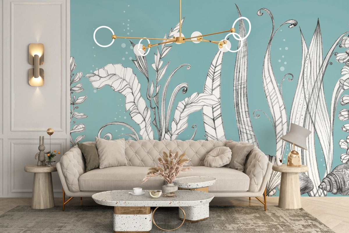Sea-inspired hand-drawn wallpaper with floral details A814