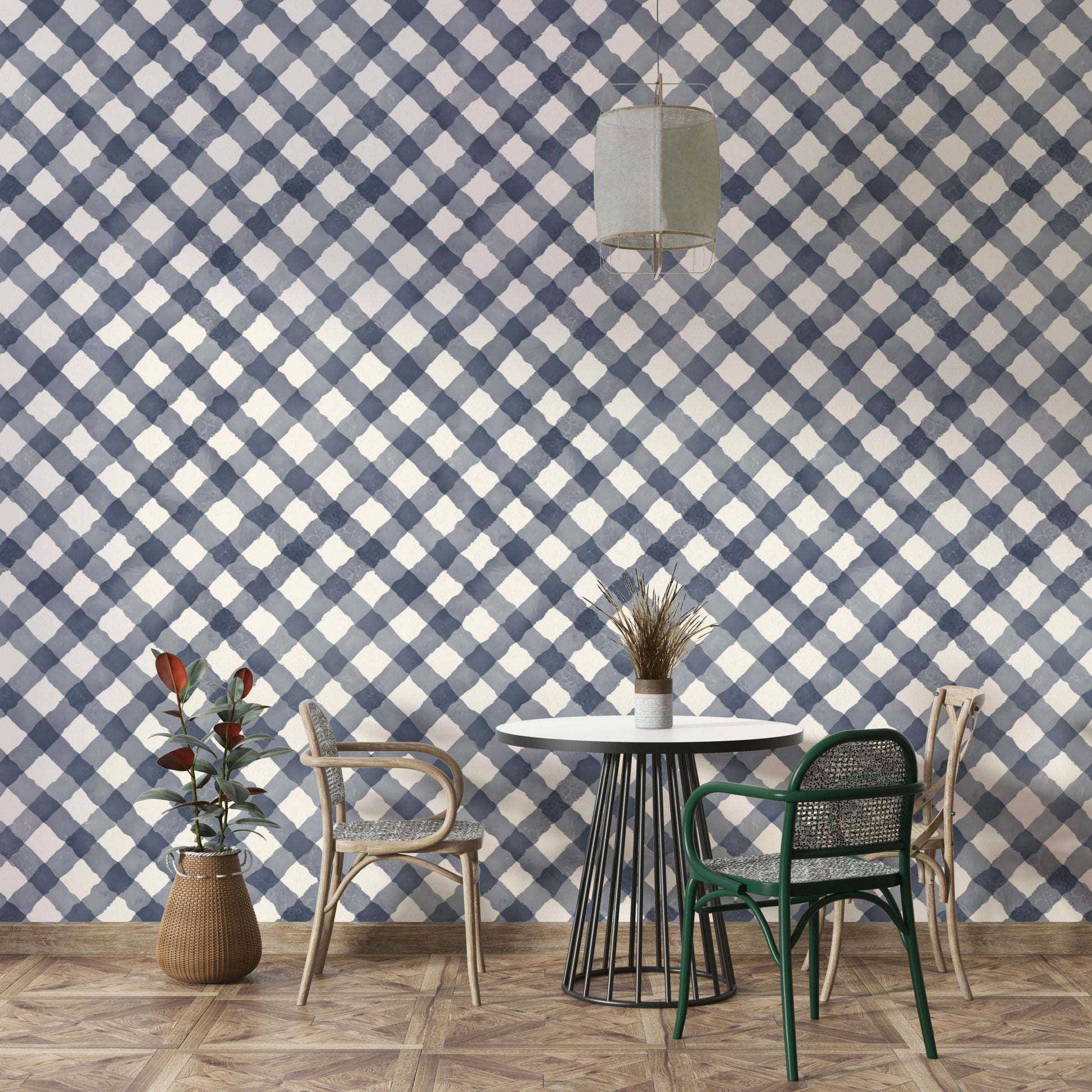 Hand-drawn blue check pattern on walls
