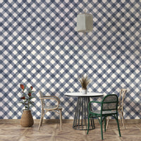 Hand-drawn blue check pattern on walls
