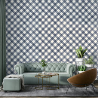 Hand painted blue gingham wallpaper full view
