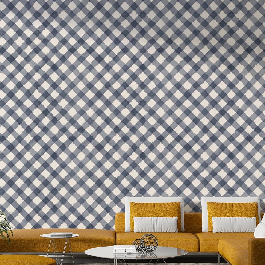 Artisanal gingham design wallpaper in blue tones