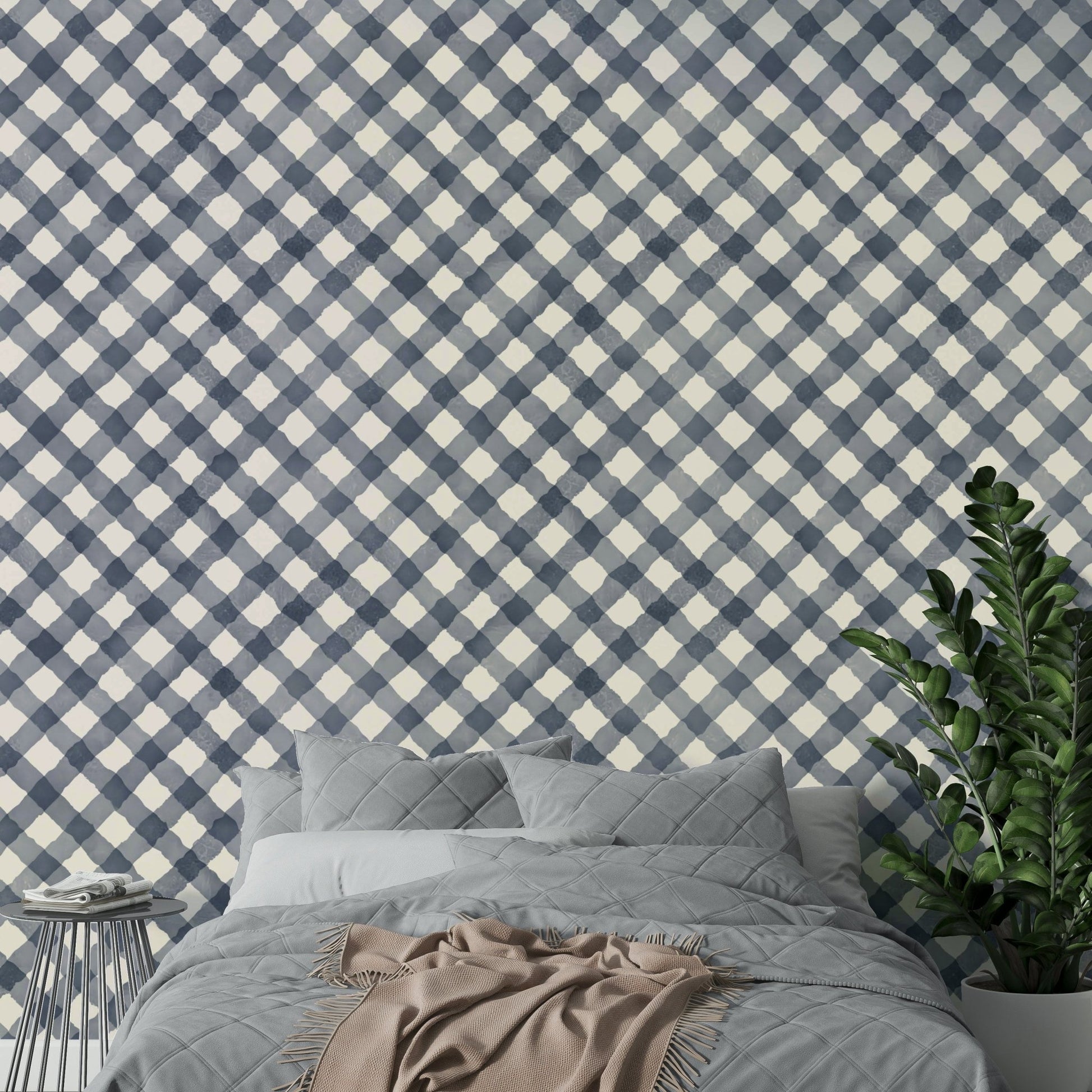 Light blue gingham wall mural close-up