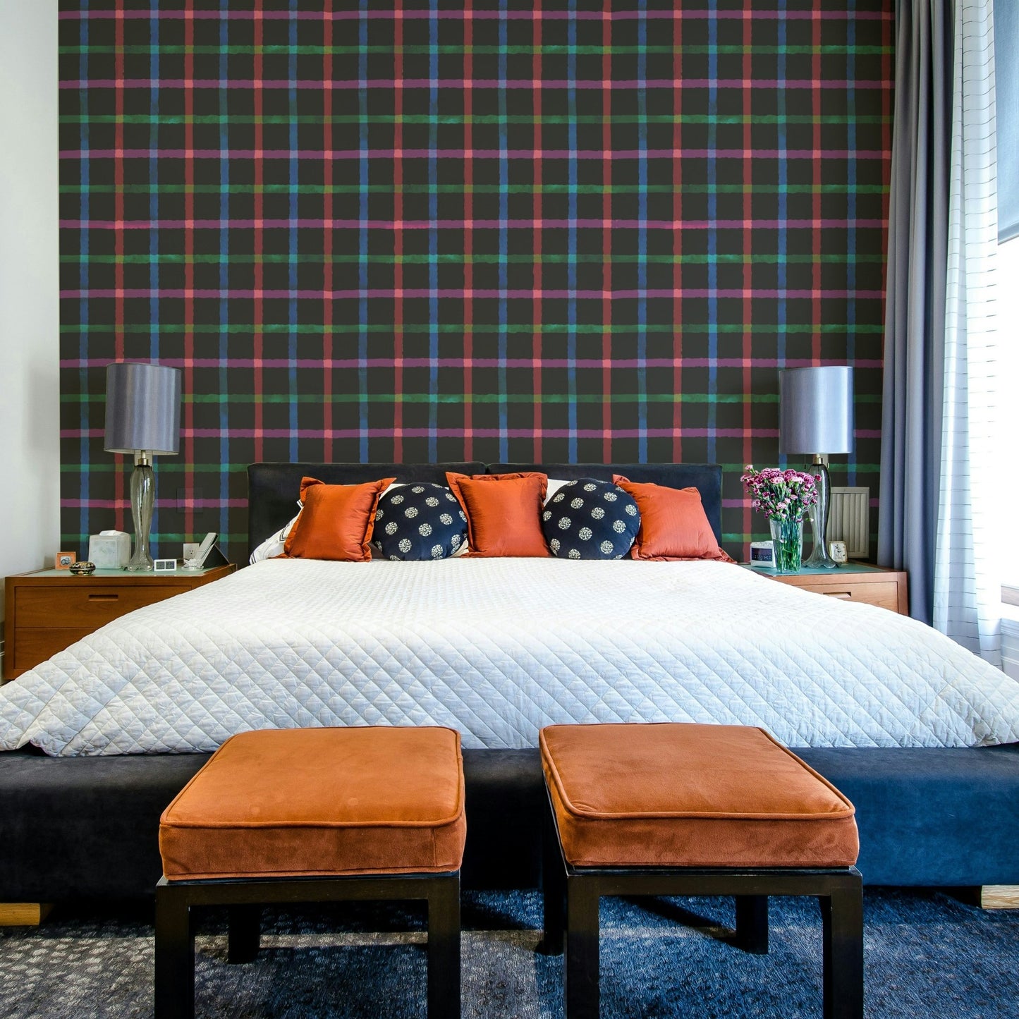 Hand-Painted Check Dark Watercolor Plaid Wallpaper⁠