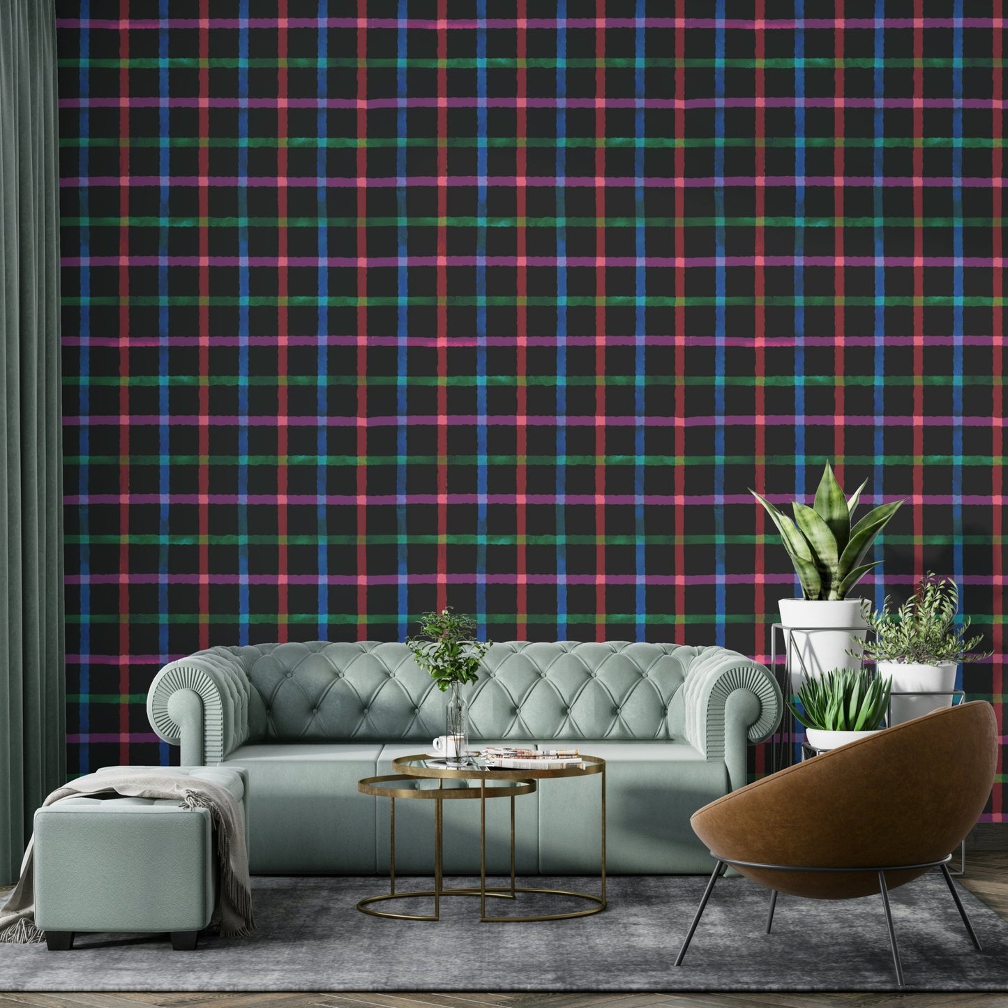 Hand-Painted Check Dark Watercolor Plaid Wallpaper⁠