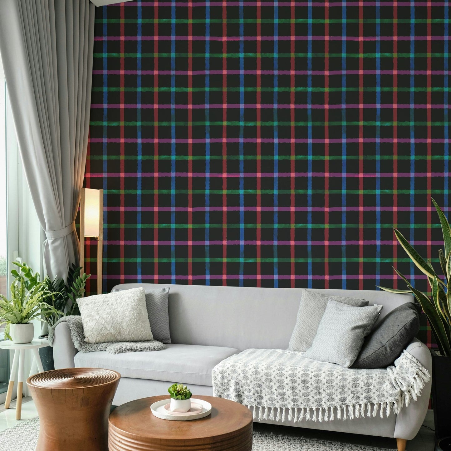 Hand-Painted Check Dark Watercolor Plaid Wallpaper⁠