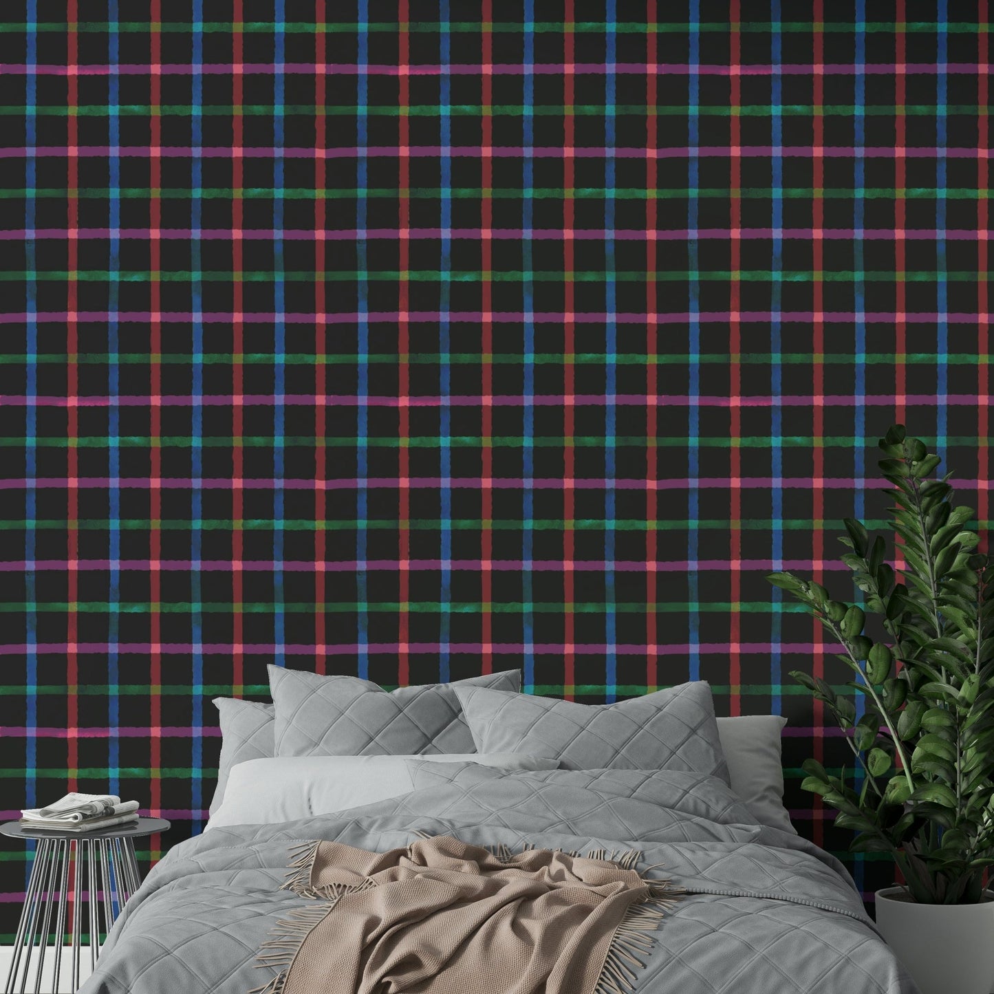 Hand-Painted Check Dark Watercolor Plaid Wallpaper⁠