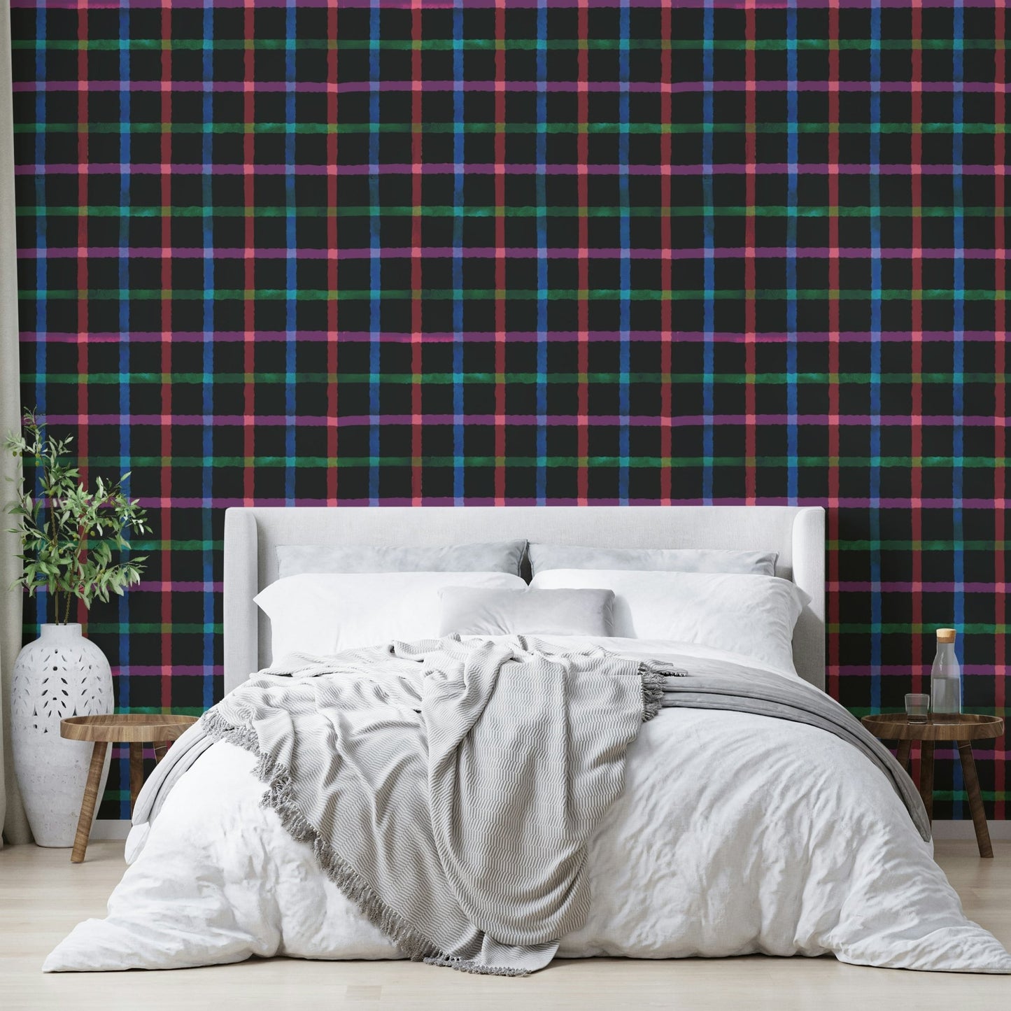 Hand-Painted Check Dark Watercolor Plaid Wallpaper⁠