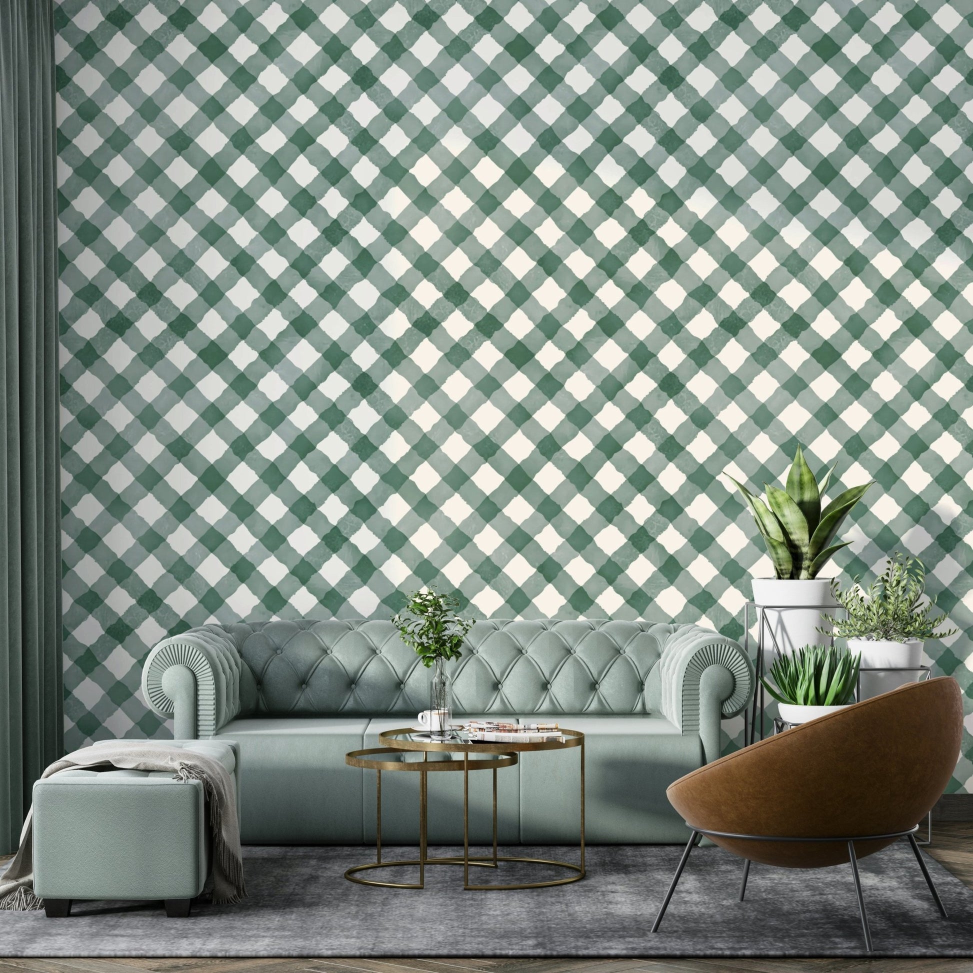 Dark green gingham mural wallpaper
