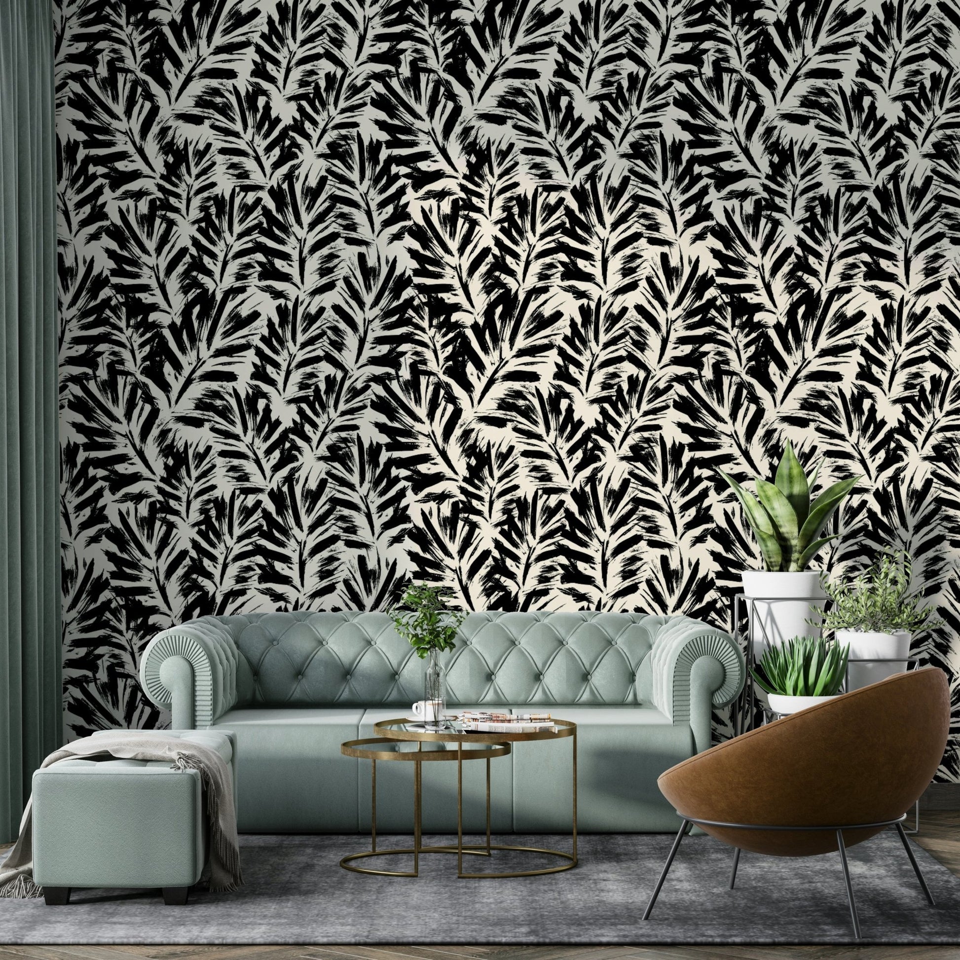 High-quality image of the hand painted leaves wallpaper

