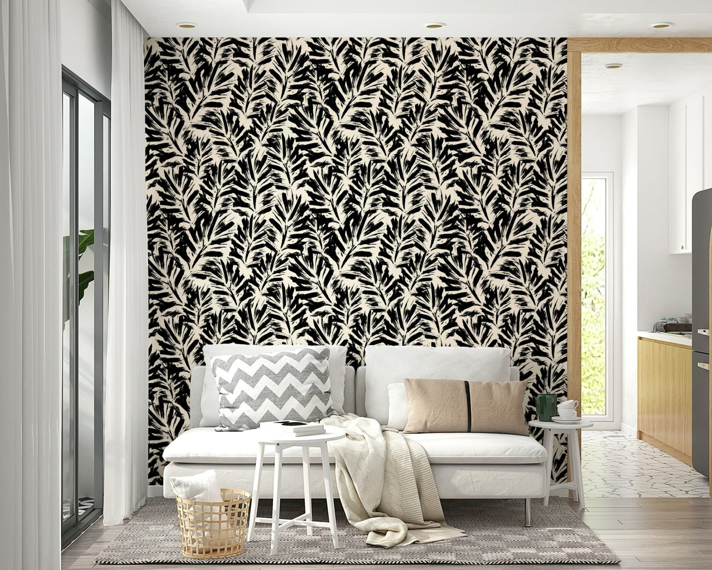 Hand painted leaves wallpaper on a bedroom wall

